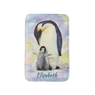 Tapis De Bain Pingouin d'empereur avec l'aquarelle de poussin de