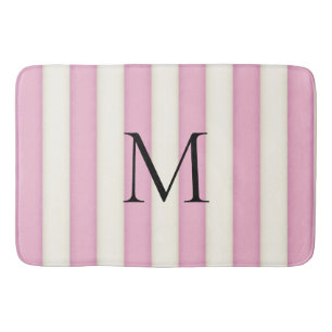 Tapis De Bain Pink & Antique White Stripes Monogramme