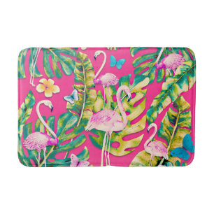 Tapis De Bain Pink Flamingos Tropical Botanical Butterfly