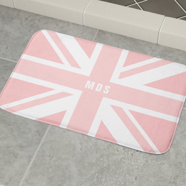 Tapis De Bain Pink Union Jack UK Flag Monogram Bath Mat (Long live bubble baths! Add your initials or name to this cute pink UK flag bath mat)