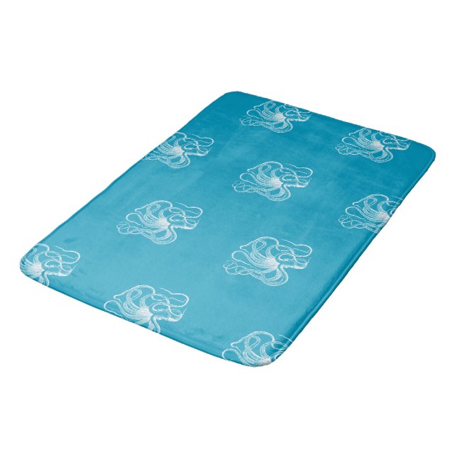Tapis De Bain Plage Aqua Bleu Océan Blanc Octopus (Angle)