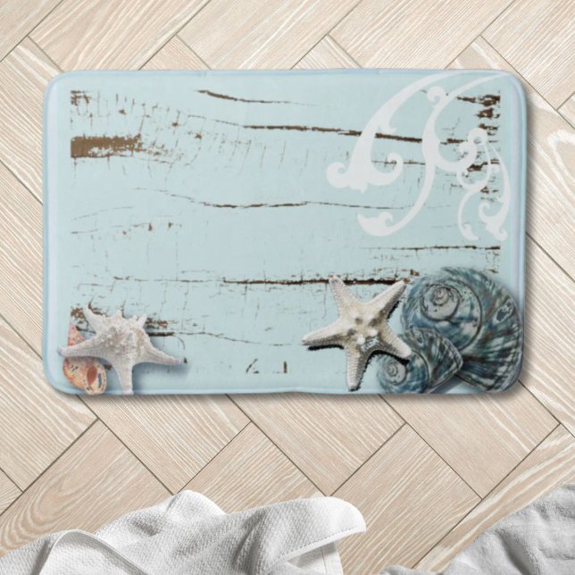 Tapis De Bain Plage côtière bois aqua bleu étoile coquillages (Coastal beach wood aqua blue starfish seashells bath mat)