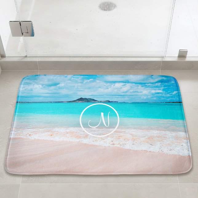 Tapis De Bain Plage de sable turquoise de l'océan photo monogram (Créateur téléchargé)