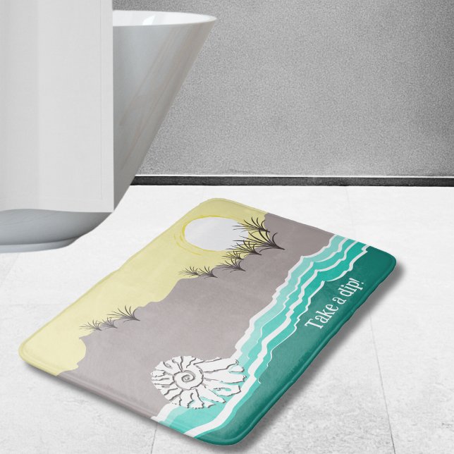 Tapis De Bain Plage Moderne Coucher de Soleil Coquillage Turquoi (Modern Sunset Beach Shell Turquoise Yellow Sand Bath Mat)