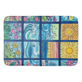 Tapis De Bain Plage mosaïque soleil et fleurs