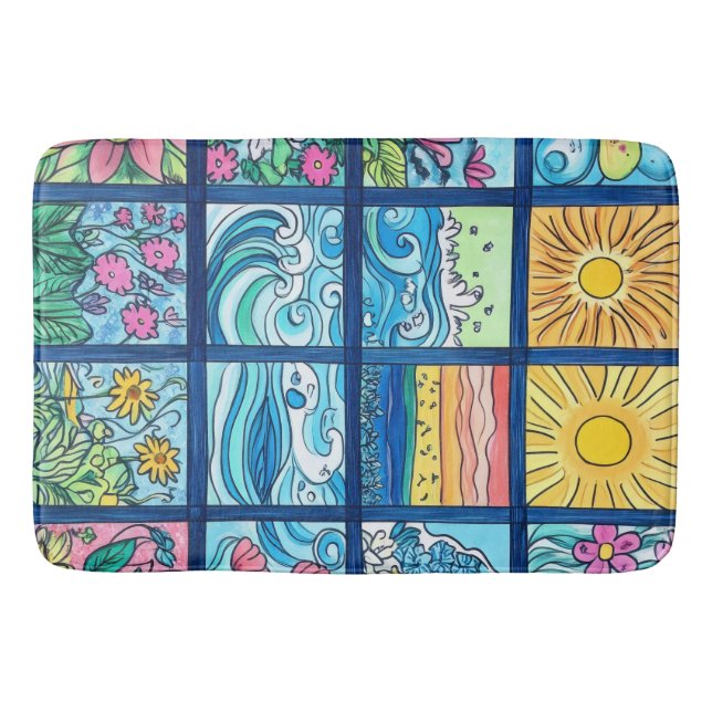 Tapis De Bain Plage mosaïque soleil et fleurs (Devant)