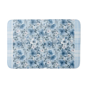 Tapis De Bain Plaid floral bleu et blanc