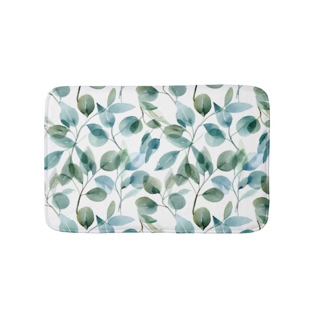 Tapis De Bain Plantes d'eucalyptus à l'aquarelle bleue et verte (Devant)