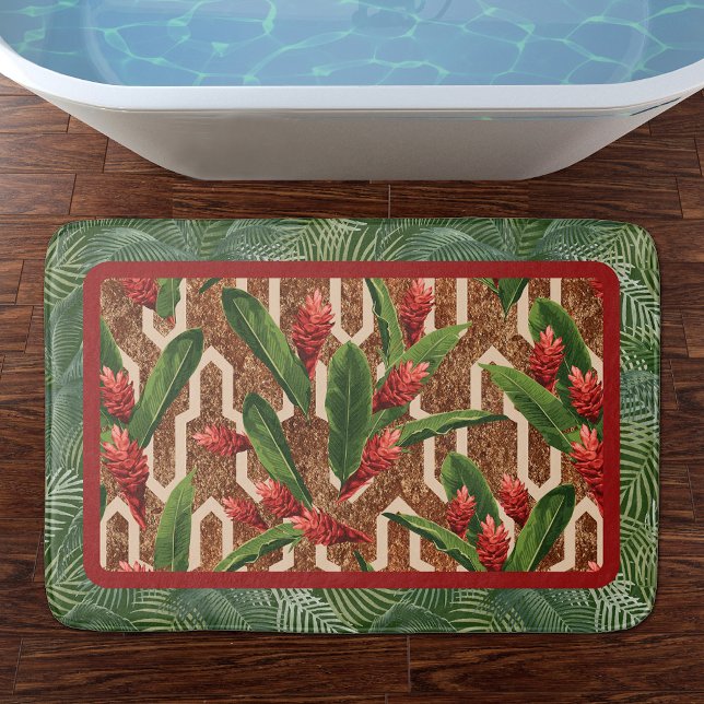 Tapis De Bain Plantes tropicaux et Motif de palmes (Tropical Plants and Palms Geometric Pattern Bath Mat)