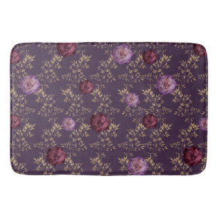 TAPIS DE BAIN PLUM & PURPLE ROSES AVEC PETITS FEUILLES OR