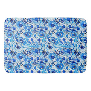Tapis De Bain Plumes de paon bleu blanc