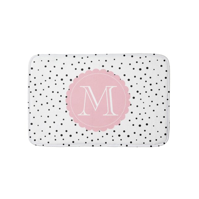 Tapis De Bain Points Confetti Noir & Blanc Monogramme Blush (Devant)