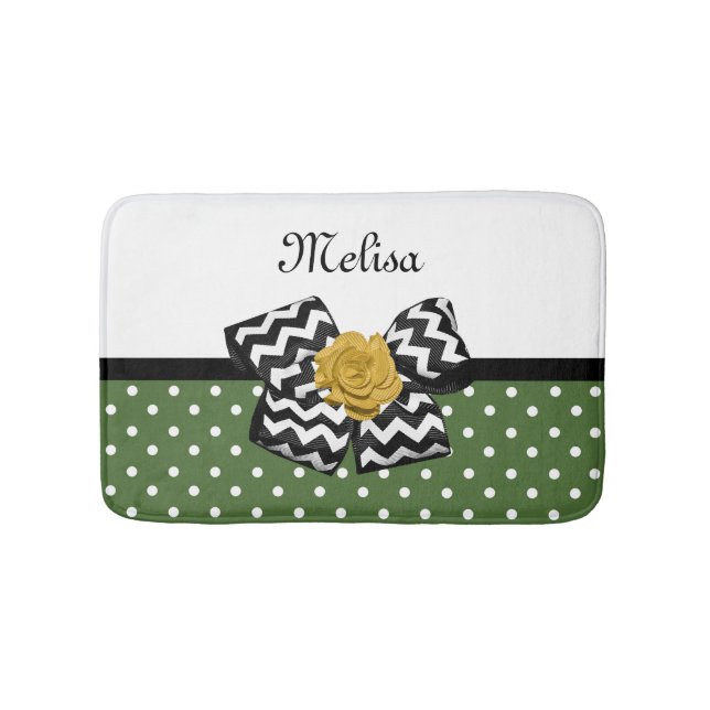 Tapis De Bain Points verts mignons Rose jaune Chevron Bow et nom (Devant)