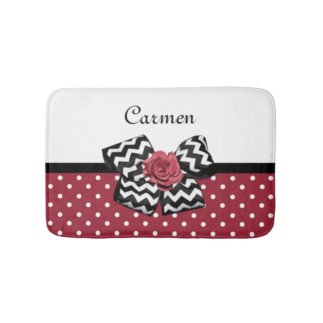 Tapis De Bain Pois rouge et blanc mignon Rose Chevron Bow (Devant)