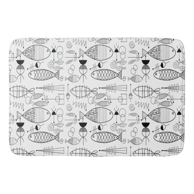 Tapis De Bain Poisson moderne du milieu du siècle Art noir blanc (Devant)