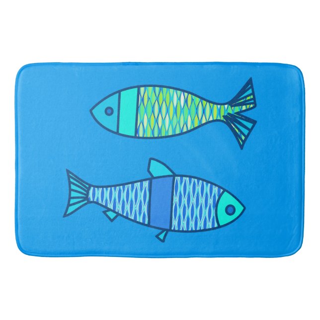 Tapis De Bain Poisson moderne rétro, bleu turquoise et cerulean (Devant)