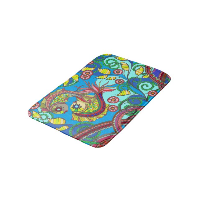 Tapis de bain poissons et fleurs colorés (Angle)