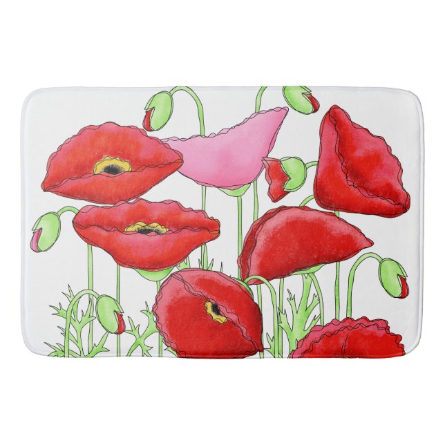Tapis De Bain Poppies Roses Rouge Art Décoratif Personnalisé (Devant)