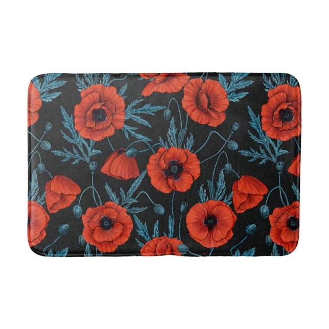 Tapis De Bain Poppies, rouge et bleu sur noir (Devant)
