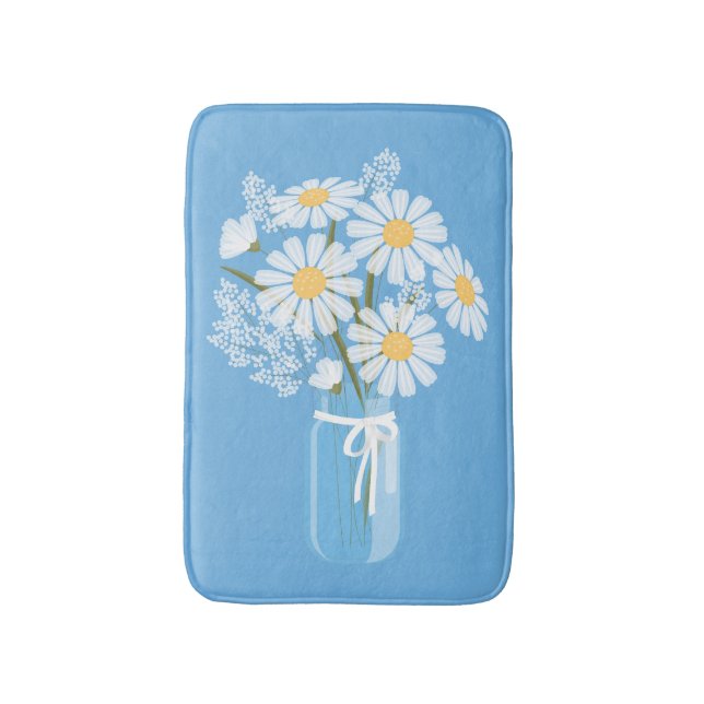 Tapis De Bain Pot de maçon de marguerites blanches sur le bleu (Devant (Vertical))