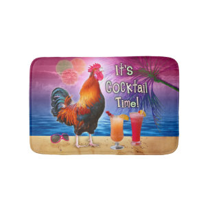 Tapis De Bain Poulet drôle de coq buvant la mer tropicale de