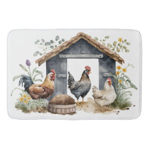 Tapis De Bain Poulets d'aquarelle en coop