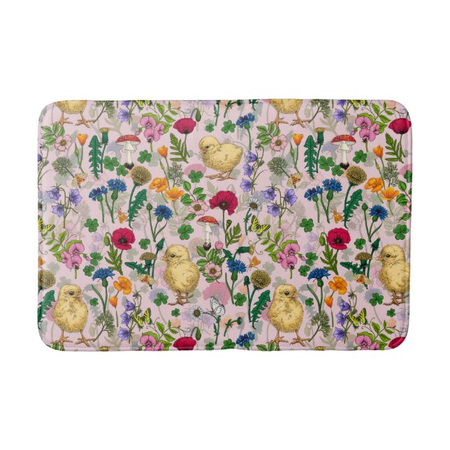 Tapis De Bain Poulets et fleurs sauvages sur coton bonbon rose (Devant)