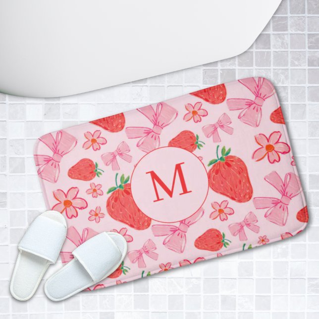 Tapis De Bain Pow rose et fraise Giragne Monogramme Mat de bain (Pink Bow & Strawberry Girly Monogram Bath Mat
)
