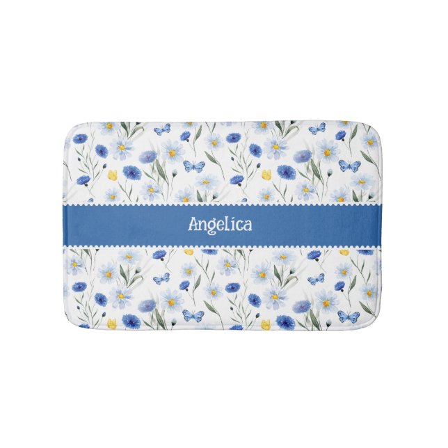 Tapis De Bain Prairie de Fleurs Sauvages Aquarelle Bleue Nom (Devant)