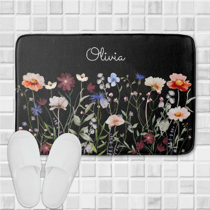 Tapis De Bain Pré à fleurs sauvages coloré à l'aquarelle et mono