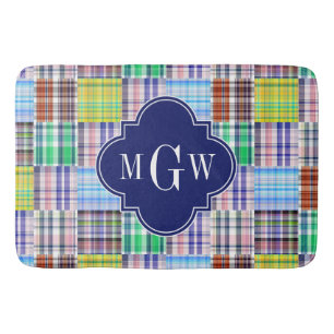 Tapis De Bain Preppy Patchwork Madras Navy Quatrefoil Monogramme