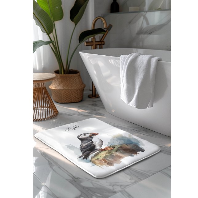 Tapis De Bain Puffin sur une aquarelle rocheuse, personnalisé (Créateur téléchargé)