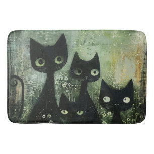 Tapis De Bain Quatre chats noirs avec des pâquerettes sur gris m