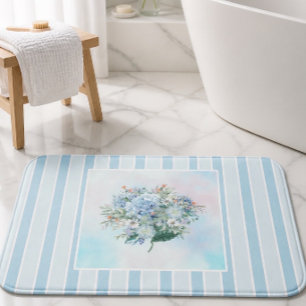 Tapis de bain rayé à l'aquarelle Hydrangea bleue