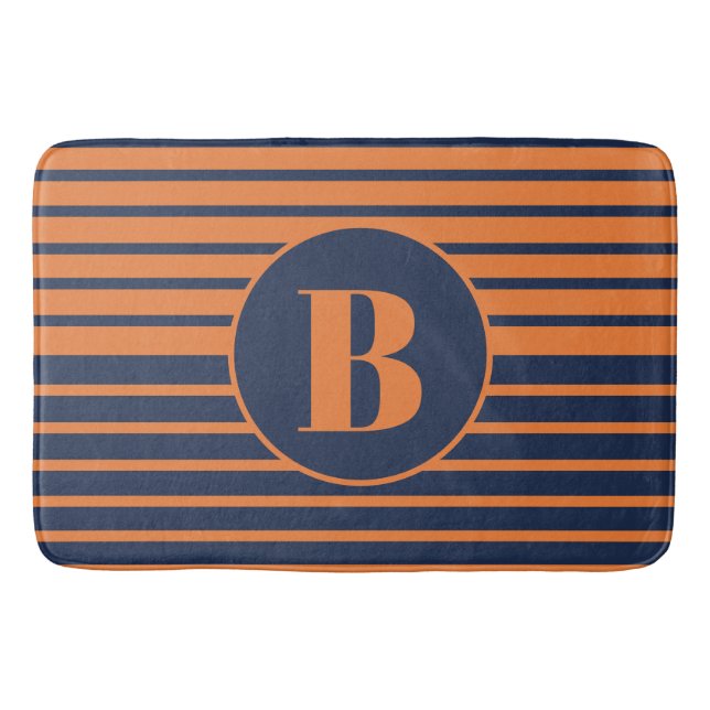 Tapis de bain rayé bleu marine Orange Monogramme (Devant)