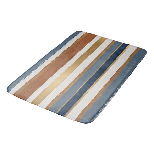 Tapis De Bain Rayes horizontales blanches bleues dorées et cuivr (Angle)