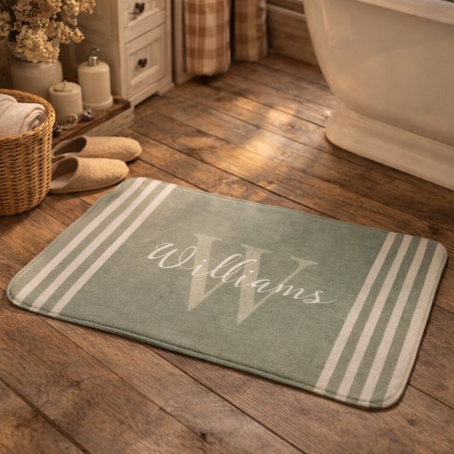 Tapis De Bain Rayure Verte Sauge Rustique Personnalisée (Créateur téléchargé)