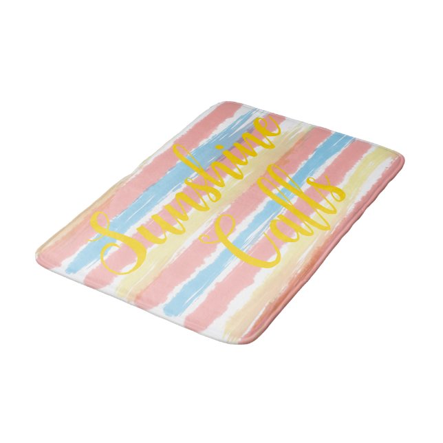 Tapis De Bain Rayures aquarelles rose bleu jaune  (Angle)