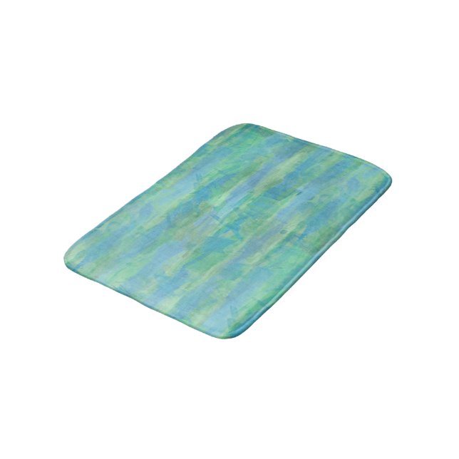 Tapis De Bain Rayures aquarelles turquoise bleu vert citron (Angle)