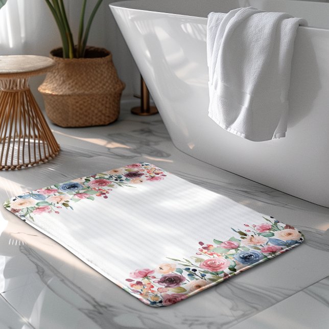 Tapis De Bain Rayures blanches Accent de fleurs de printemps Bor (Créateur téléchargé)