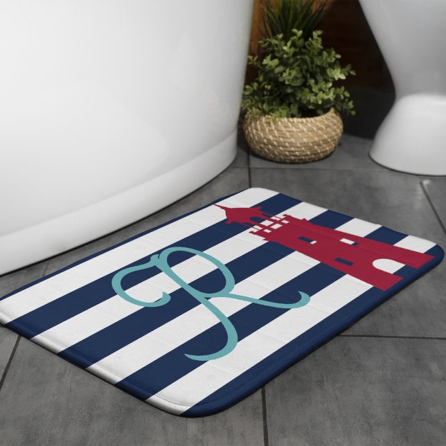 Tapis De Bain Rayures côtières bleues Monogramme Phare Rouge (Créateur téléchargé)