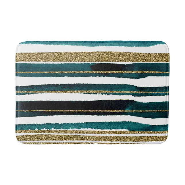 Tapis De Bain Rayures de paillettes vertes et dorées  (Devant)