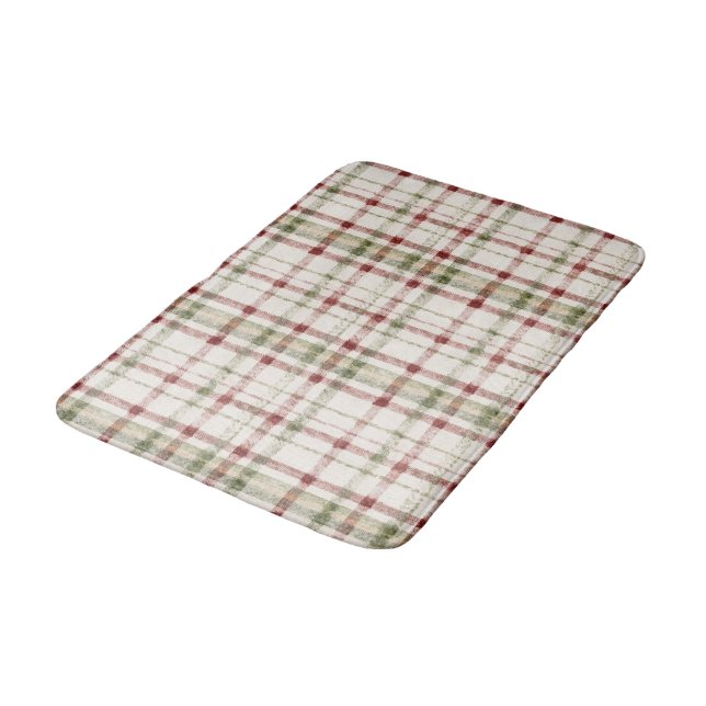 Tapis De Bain Rayures écossaises vertes et rouges crème  (Angle)