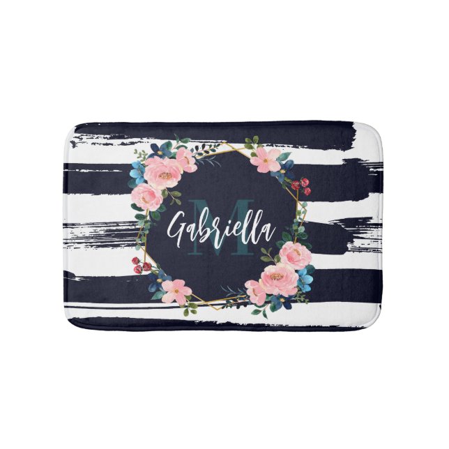 Tapis De Bain Rayures Et Monogramme De Cadre Floral (Devant)
