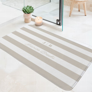 Tapis De Bain Rayures larges beige et blanc avec monogramme