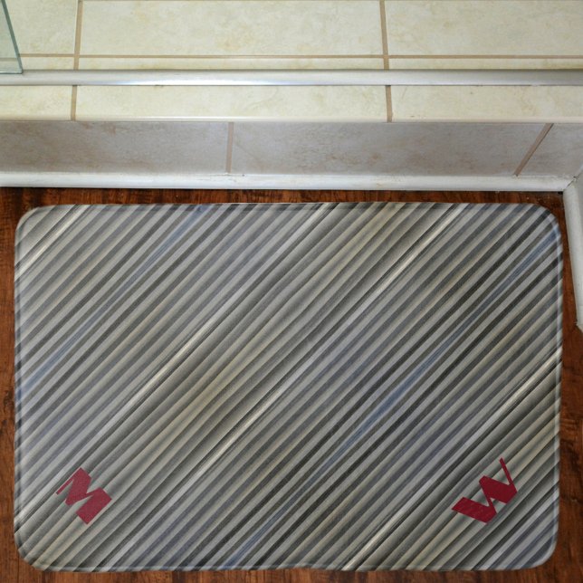 Tapis De Bain Rayures monochromatiques Gris Fumé Monogrammes (Créateur téléchargé)