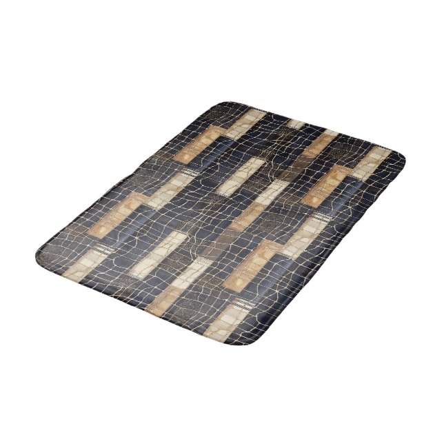 Tapis De Bain Rectangles Bleu Marine Crème Marron (Angle)