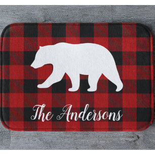 Tapis De Bain Red Buffalo Plaid & Bear Nom personnel Cadeau