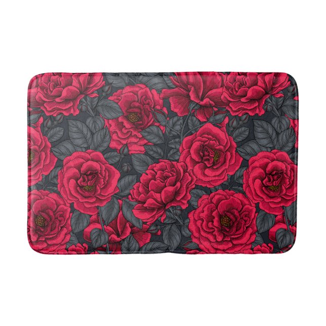 Tapis De Bain Red roses with gray leaves on black (Devant)