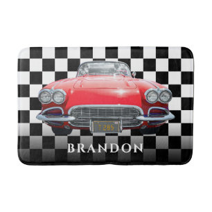 Tapis De Bain Red Sport's Car, White Name, B/W À damiers
